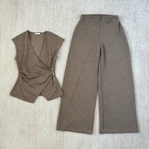 Zara Brown Wide Leg Pants & Wrap Top Set